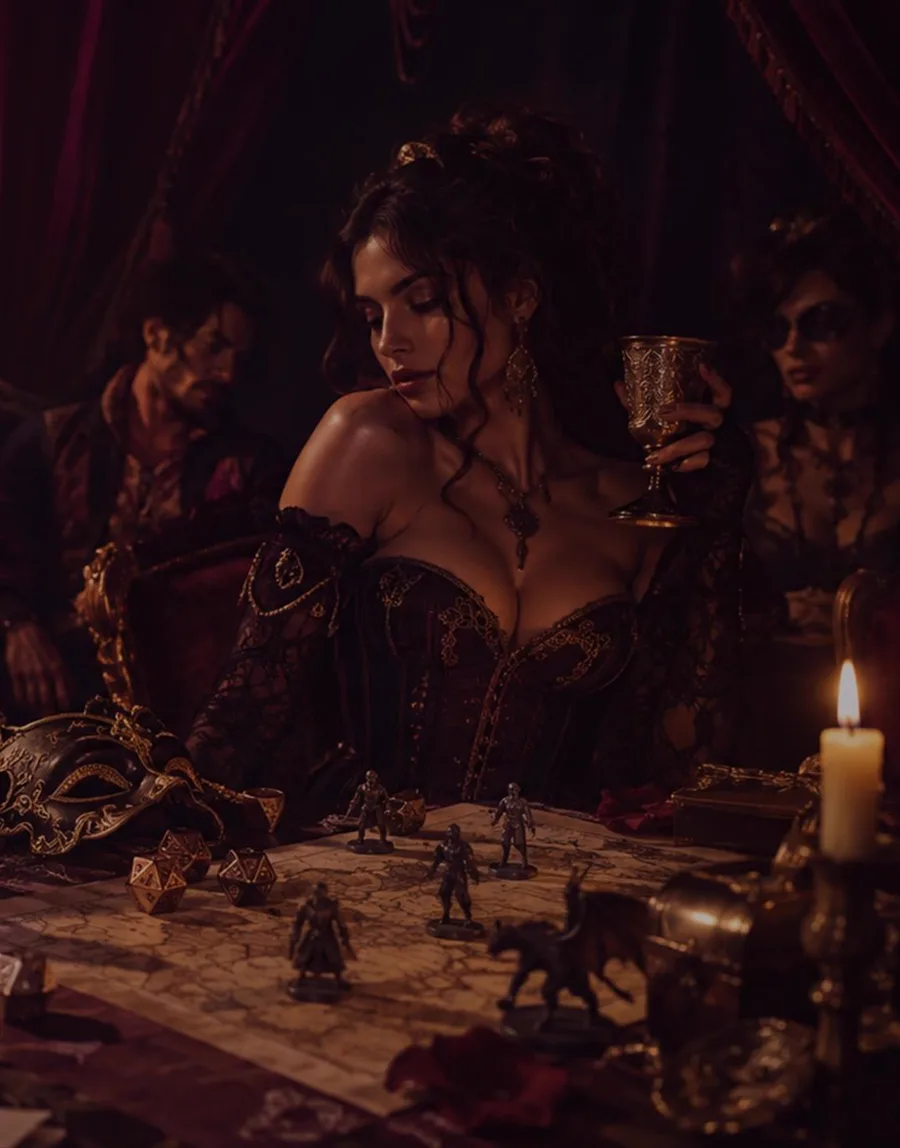 A performer in costume at the table, goblet in hand, candlelight and masks in the background